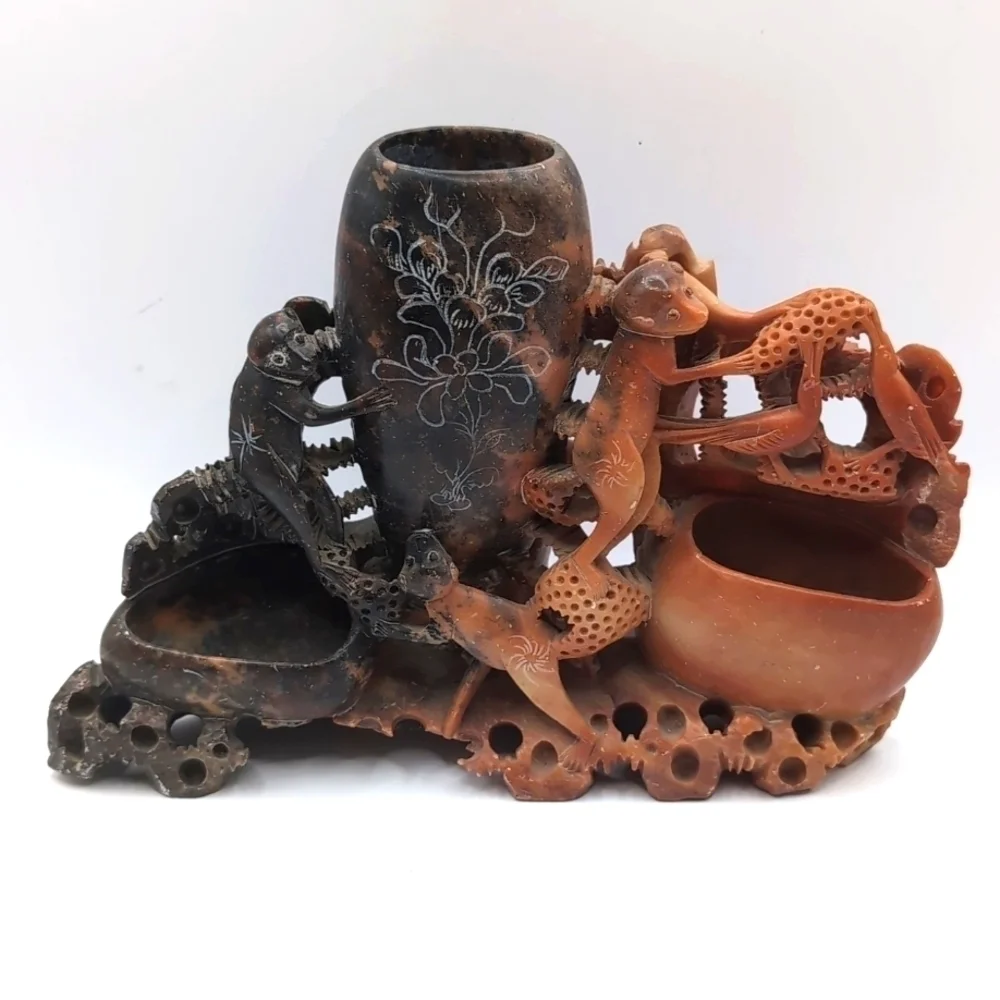 Vintage Asian Chinese Carved Soapstone Monkey Animal Vase - Brush Pot - Display